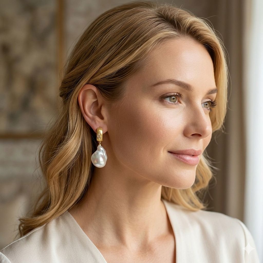 20mm Real Baroque Freshwater Pearl Drop Earrings with Textured Gold Studs