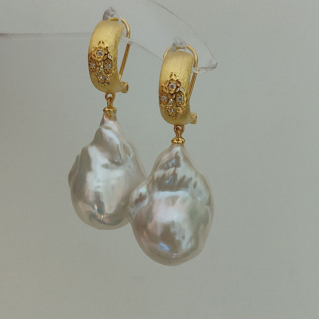 20mm Real Baroque Freshwater Pearl Drop Earrings with Textured Gold Studs