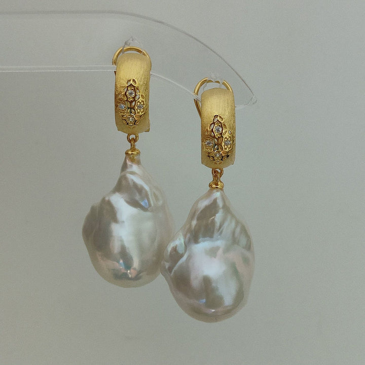 20mm Real Baroque Freshwater Pearl Drop Earrings with Textured Gold Studs