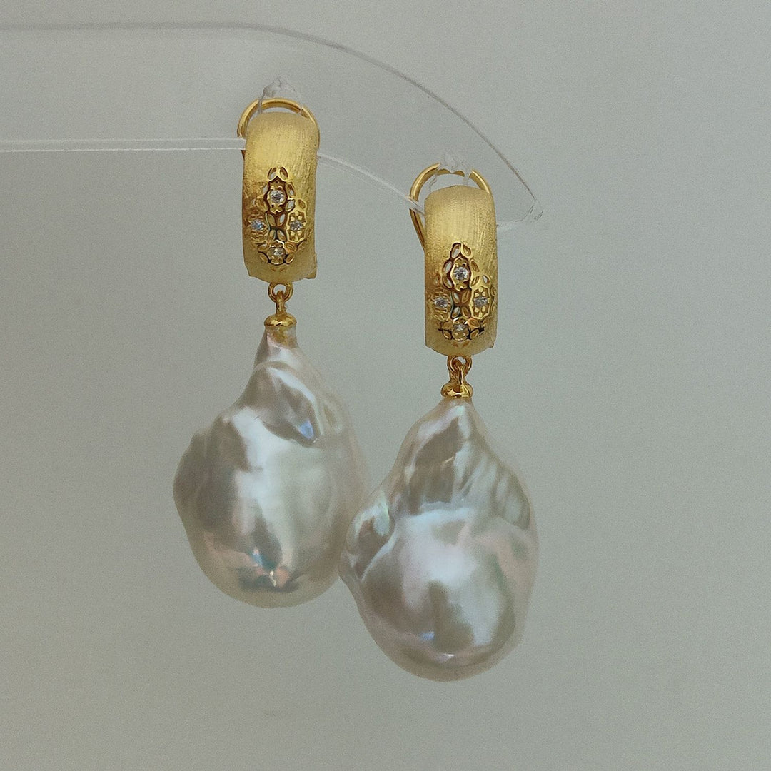 20mm Real Baroque Freshwater Pearl Drop Earrings with Textured Gold Studs