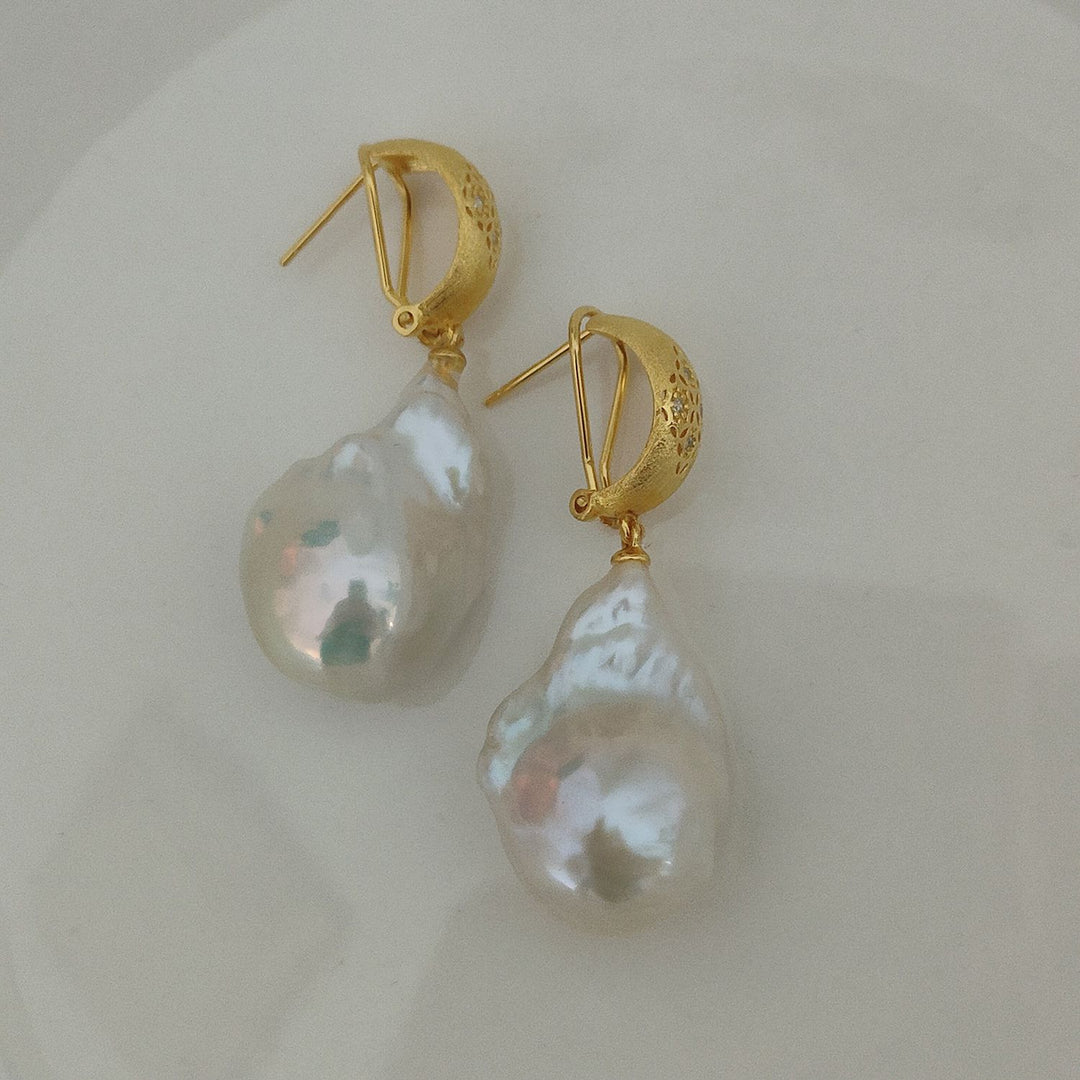20mm Real Baroque Freshwater Pearl Drop Earrings with Textured Gold Studs