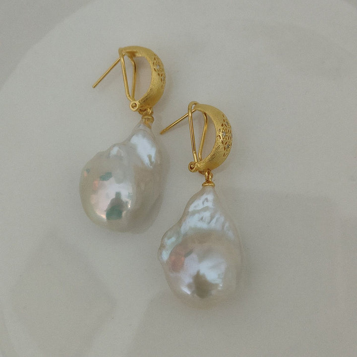 20mm Real Baroque Freshwater Pearl Drop Earrings with Textured Gold Studs
