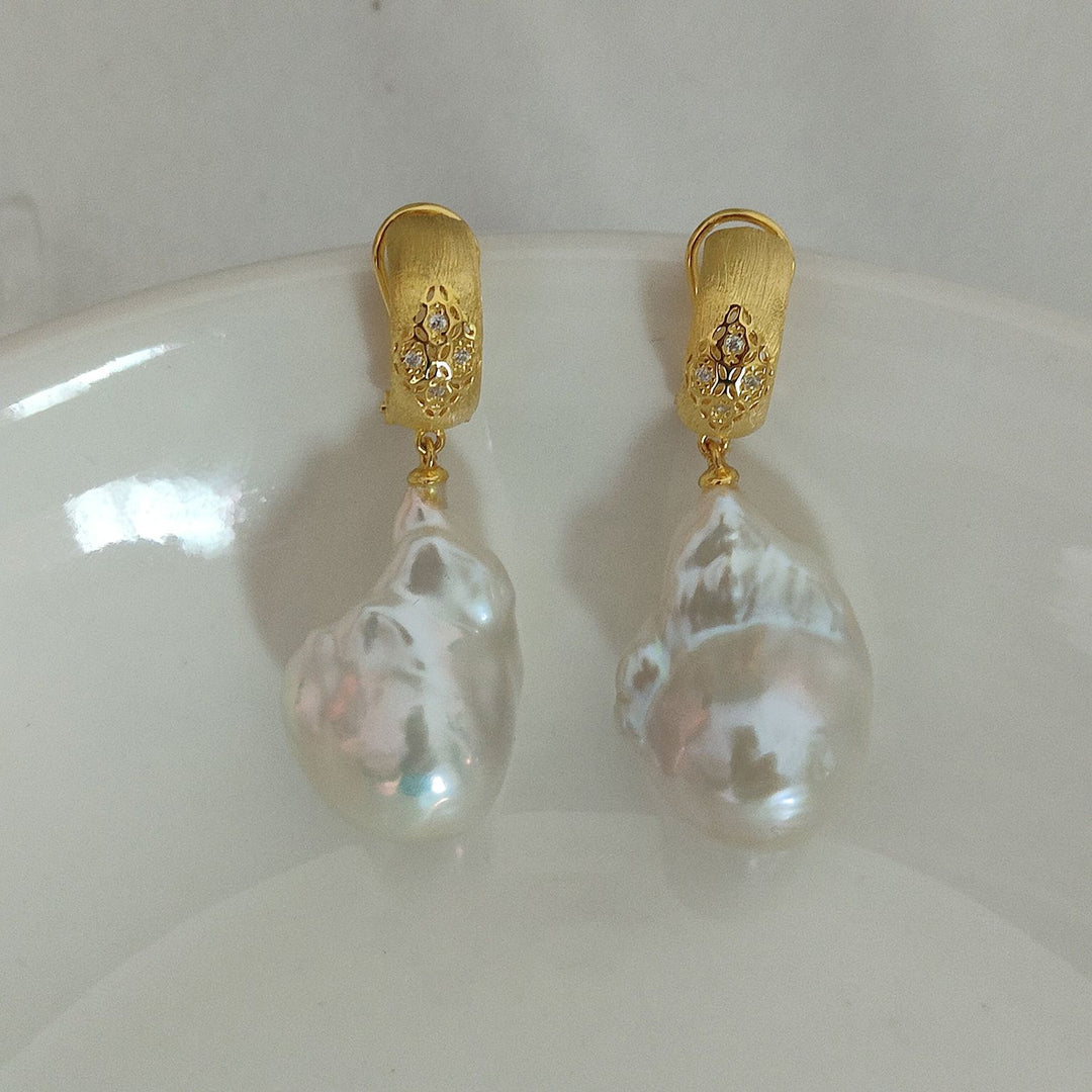 20mm Real Baroque Freshwater Pearl Drop Earrings with Textured Gold Studs