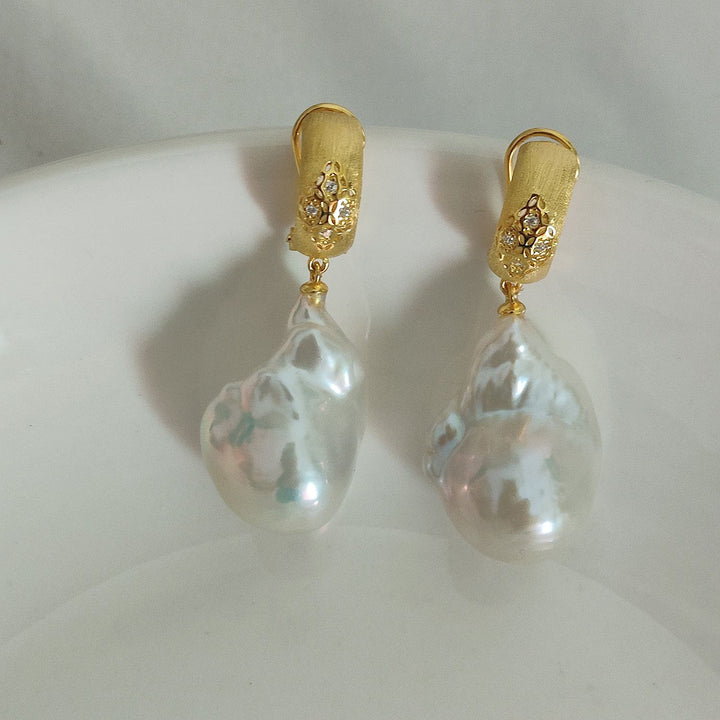 20mm Real Baroque Freshwater Pearl Drop Earrings with Textured Gold Studs