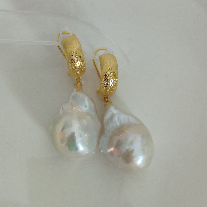 20mm Real Baroque Freshwater Pearl Drop Earrings with Textured Gold Studs