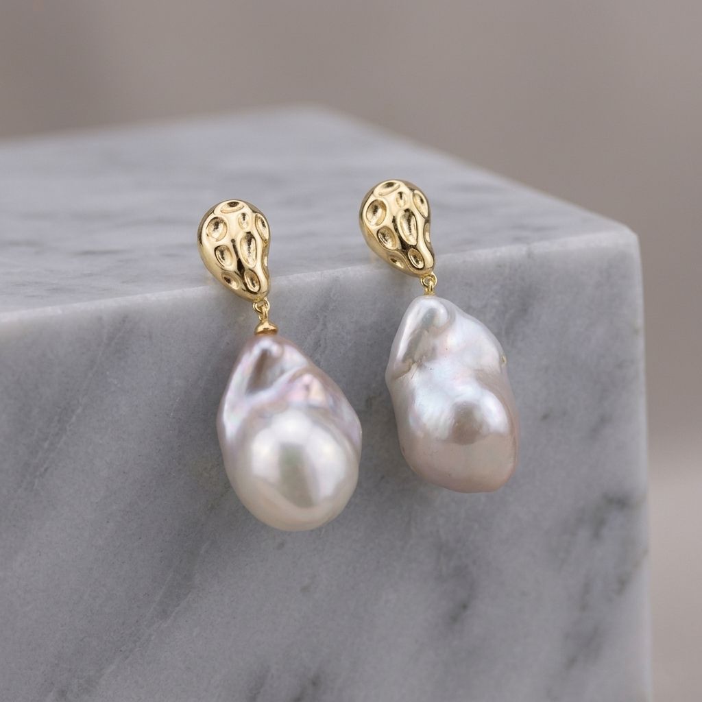 23mm Real Large Baroque Freshwater Pearl Drop Earrings Gold-Plated 925 Sterling Silver