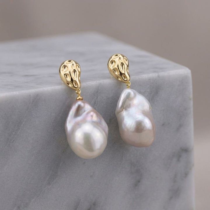 23mm Real Large Baroque Freshwater Pearl Drop Earrings Gold-Plated 925 Sterling Silver