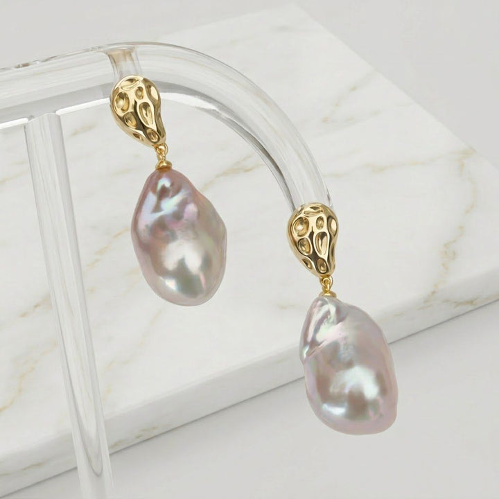 23mm Real Large Baroque Freshwater Pearl Drop Earrings Gold-Plated 925 Sterling Silver
