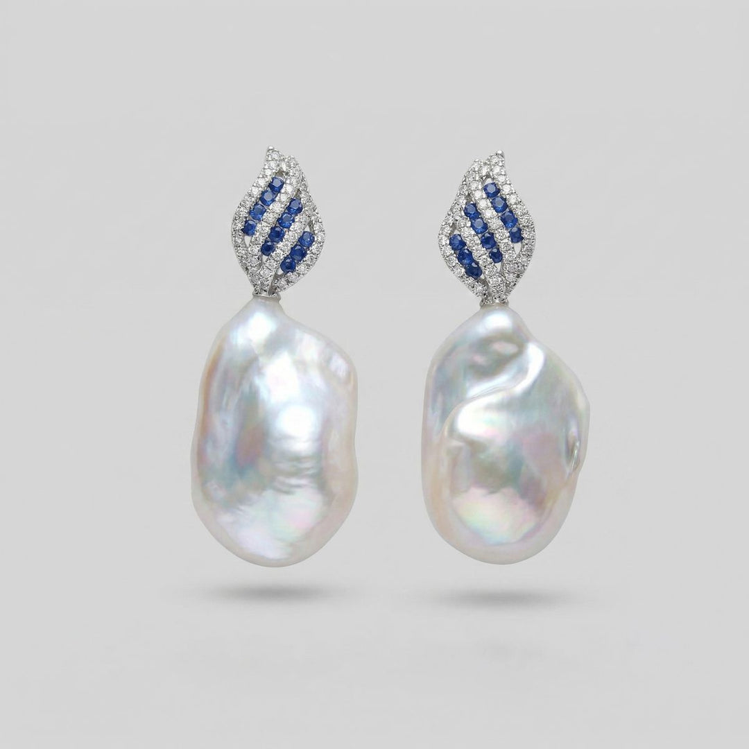 20mm Real Baroque Freshwater Pearl Drop Earrings with Blue Cubic Zirconia