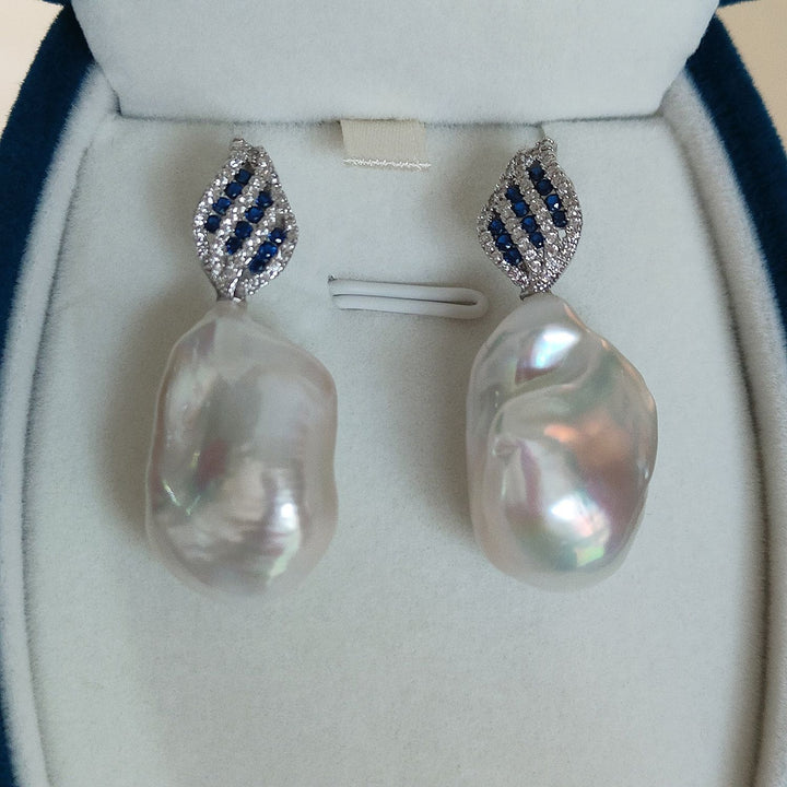 20mm Real Baroque Freshwater Pearl Drop Earrings with Blue Cubic Zirconia