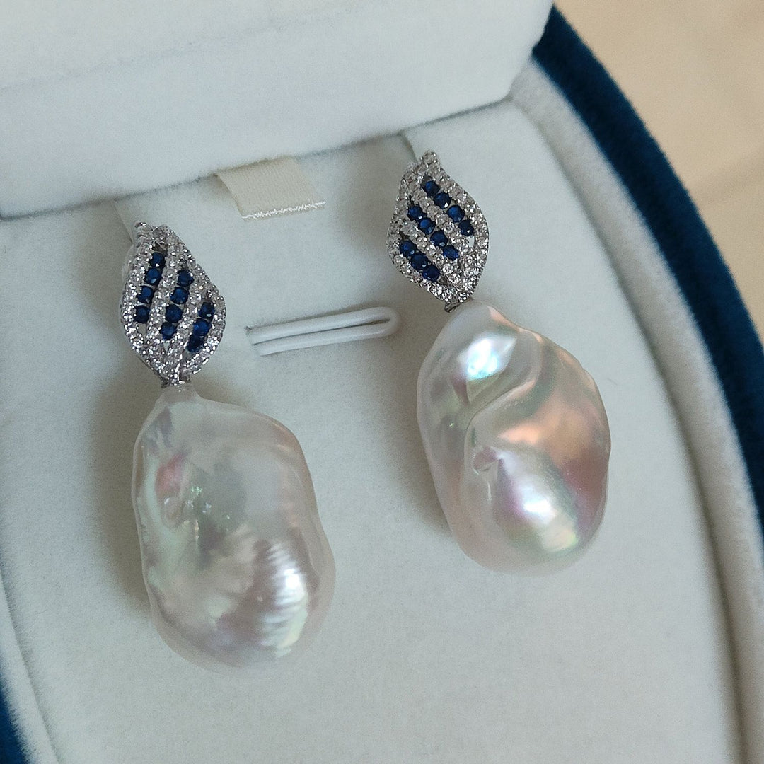 20mm Real Baroque Freshwater Pearl Drop Earrings with Blue Cubic Zirconia