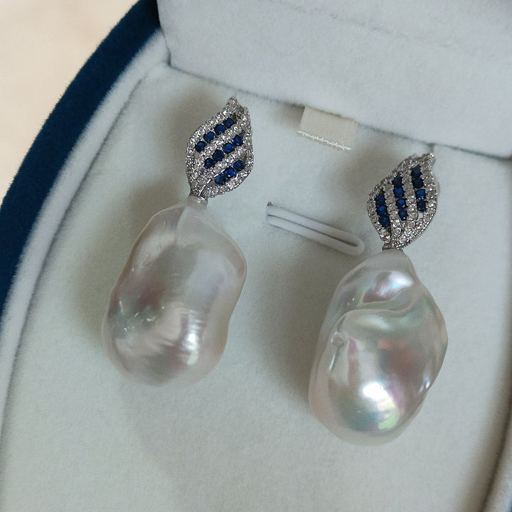 20mm Real Baroque Freshwater Pearl Drop Earrings with Blue Cubic Zirconia