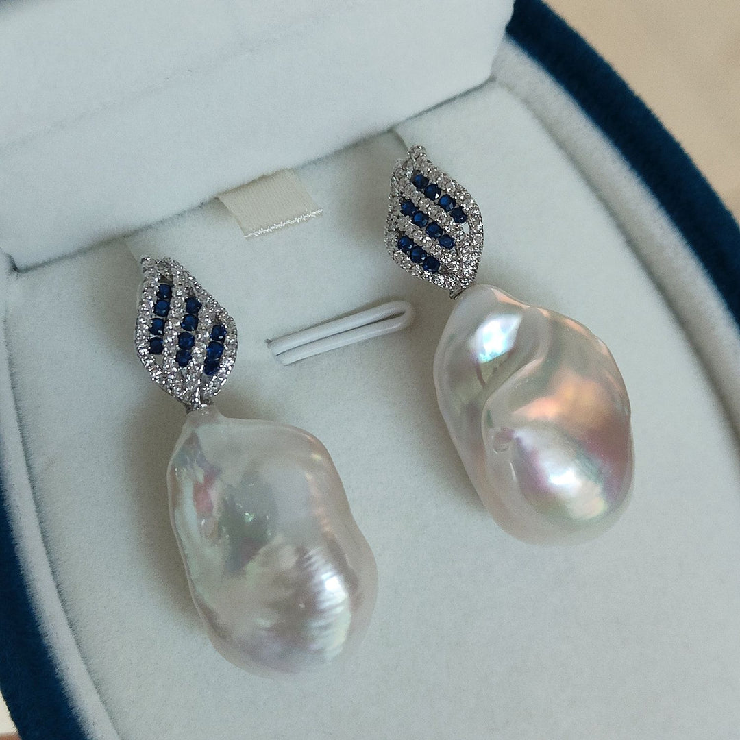 20mm Real Baroque Freshwater Pearl Drop Earrings with Blue Cubic Zirconia