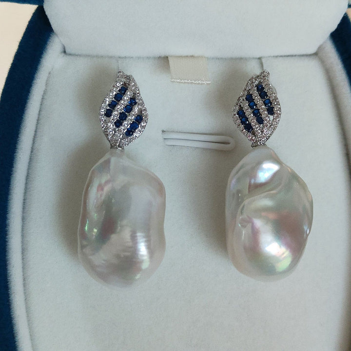20mm Real Baroque Freshwater Pearl Drop Earrings with Blue Cubic Zirconia