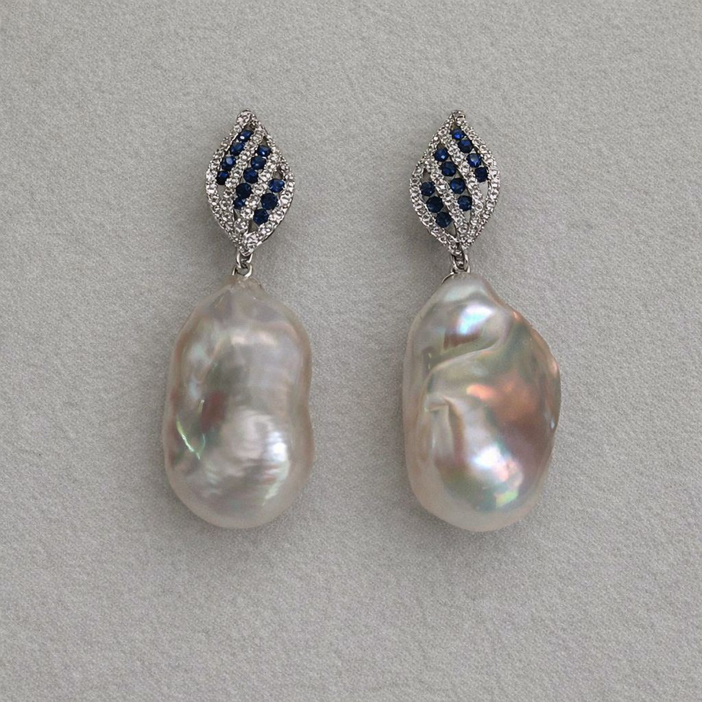 20mm Real Baroque Freshwater Pearl Drop Earrings with Blue Cubic Zirconia