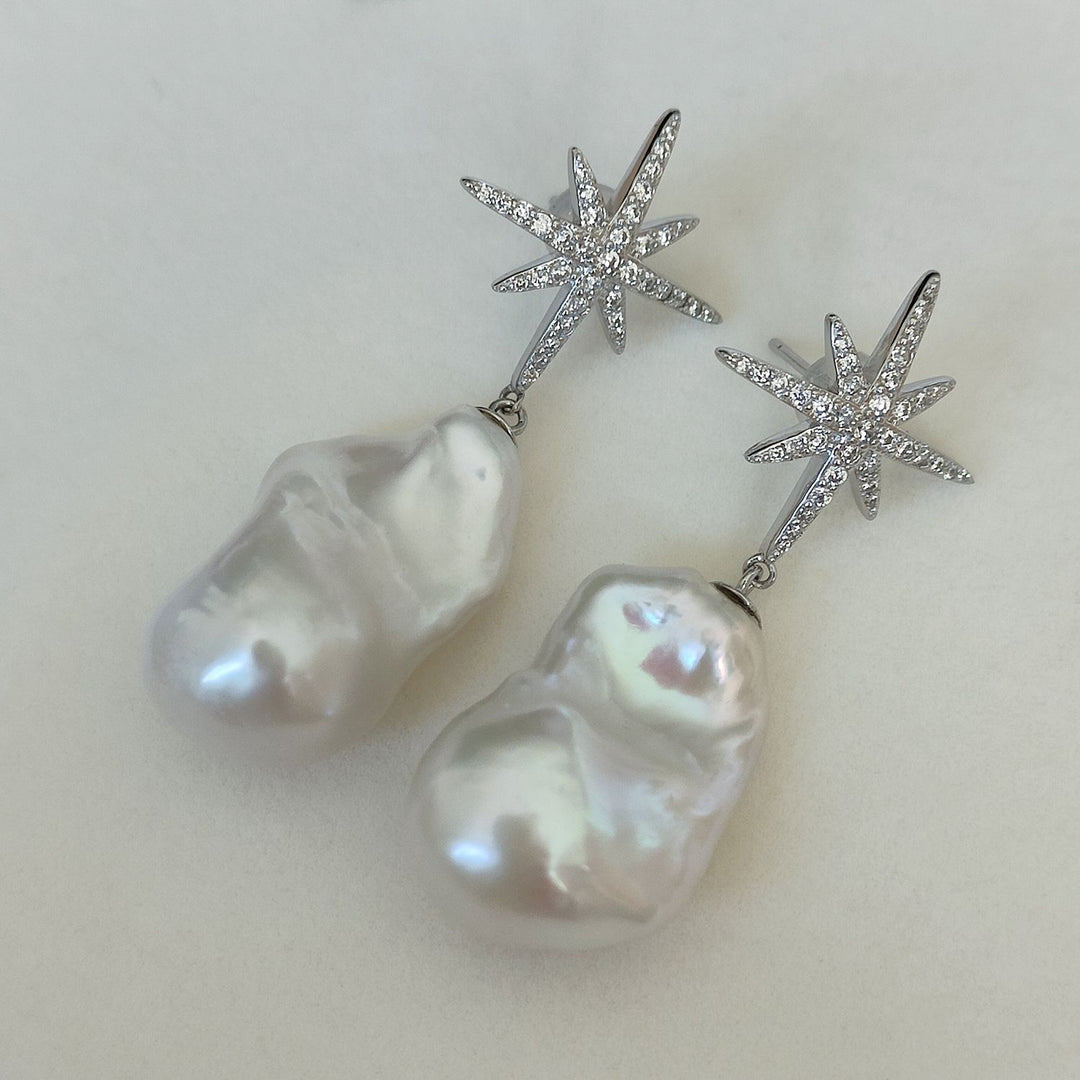 25mm Large Real Baroque Freshwater Pearl Drop Earrings with Starburst Crystal Studs