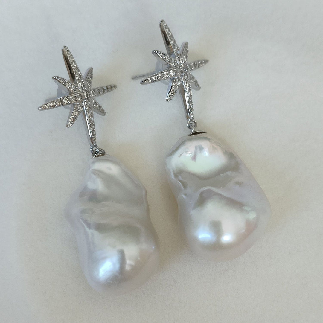 25mm Large Real Baroque Freshwater Pearl Drop Earrings with Starburst Crystal Studs