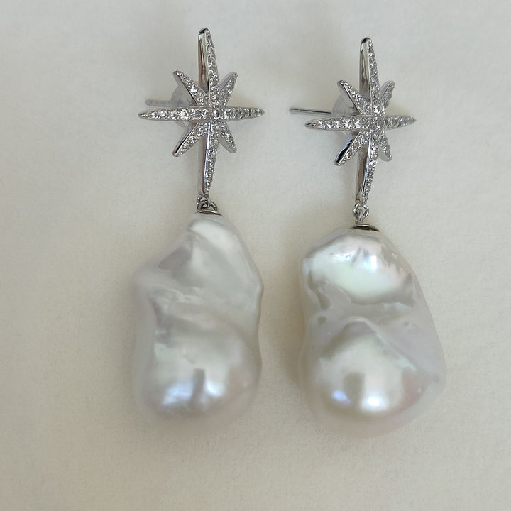 25mm Large Real Baroque Freshwater Pearl Drop Earrings with Starburst Crystal Studs