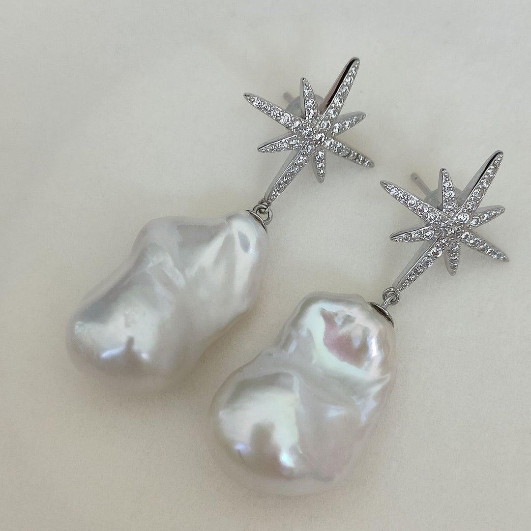 25mm Large Real Baroque Freshwater Pearl Drop Earrings with Starburst Crystal Studs