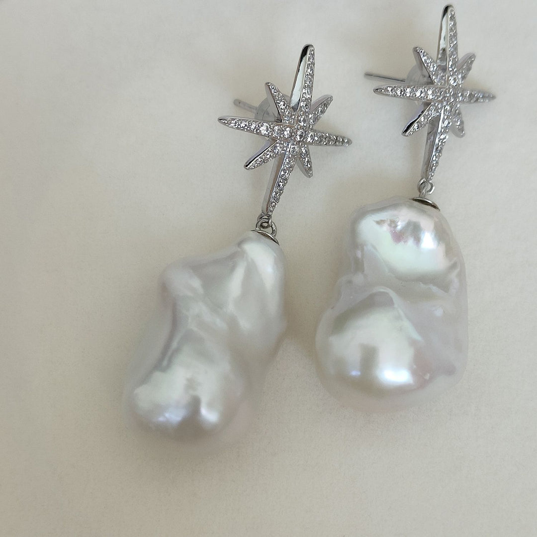 25mm Large Real Baroque Freshwater Pearl Drop Earrings with Starburst Crystal Studs