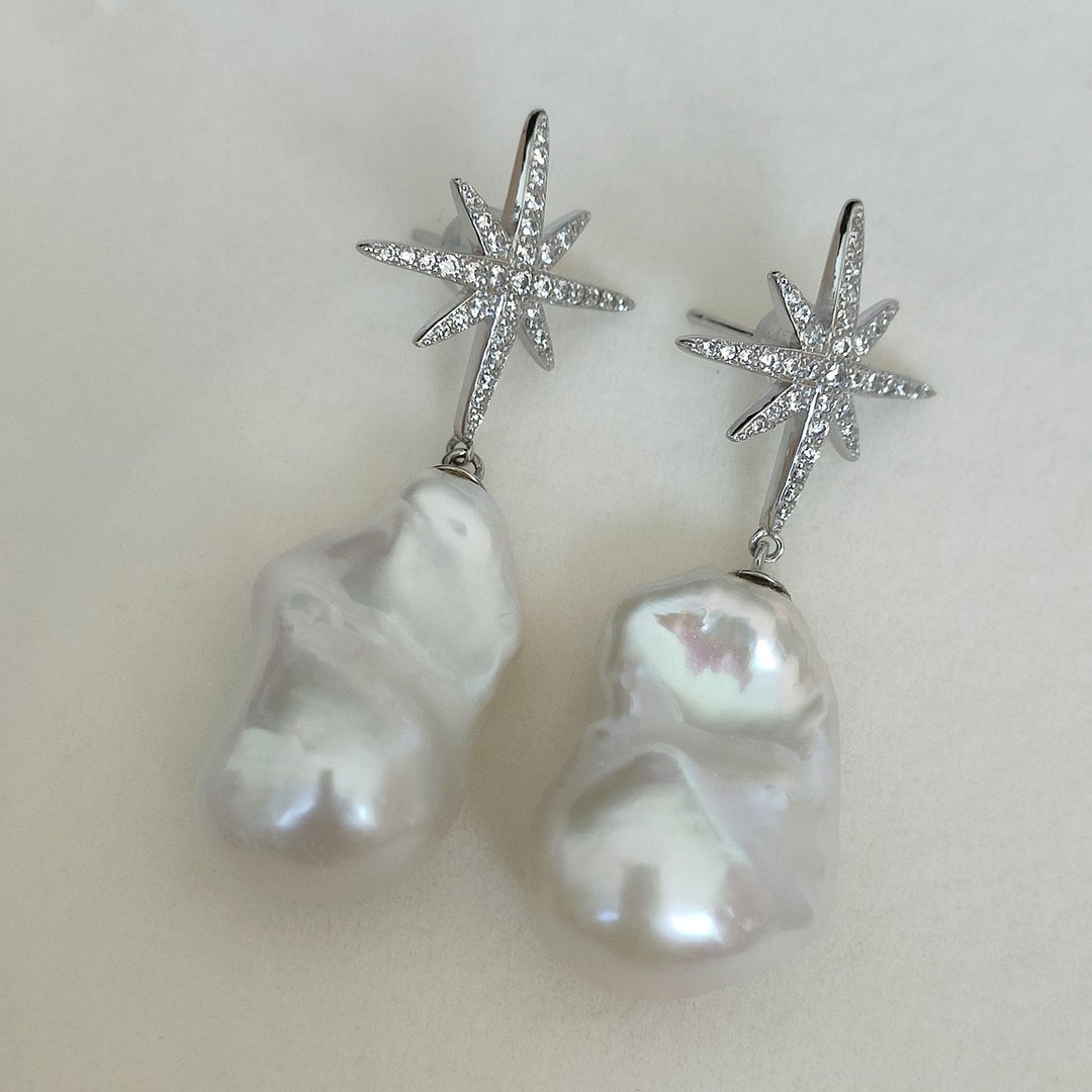 25mm Large Real Baroque Freshwater Pearl Drop Earrings with Starburst Crystal Studs