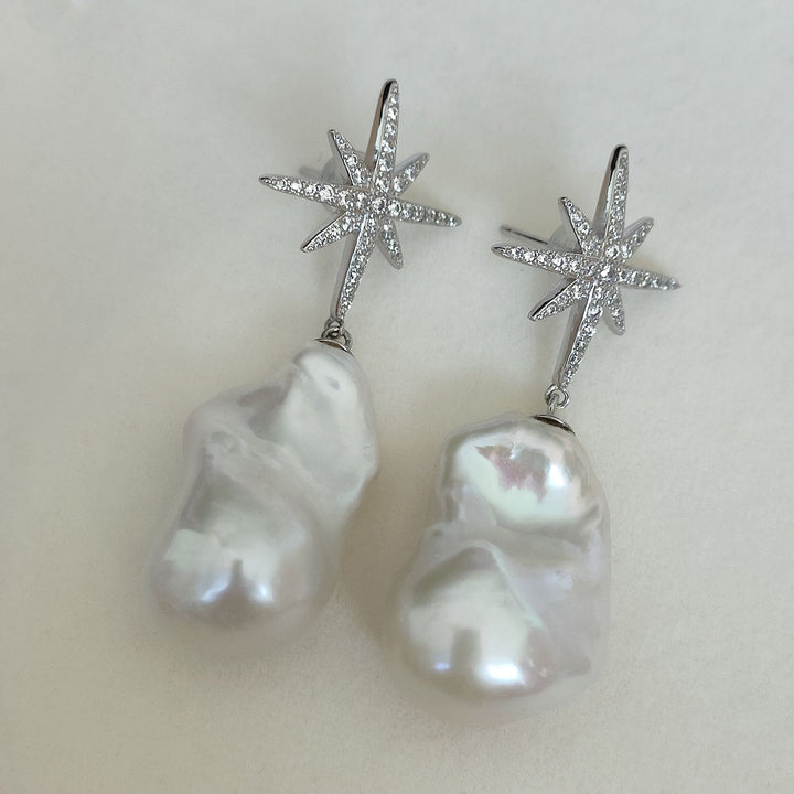 25mm Large Real Baroque Freshwater Pearl Drop Earrings with Starburst Crystal Studs