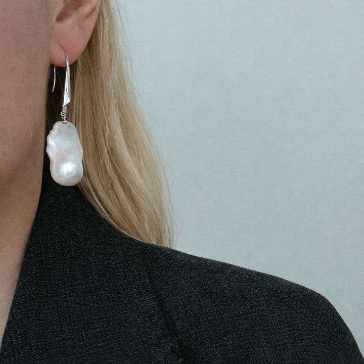 Minimal Silver Freshwater Baroque Real Pearl Hook Earrings