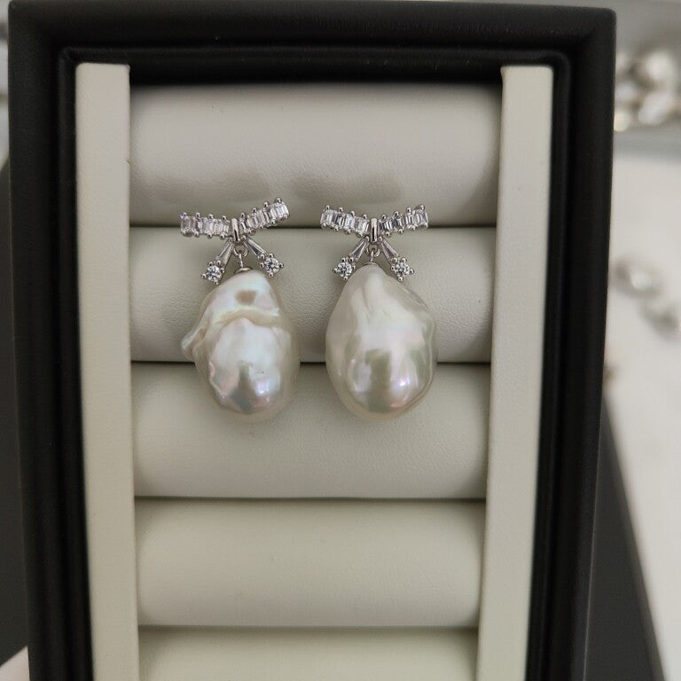 Large Baroque Pearl Ribbon Earrings Handmade Freshwater Pearl Jewelry for Bridal