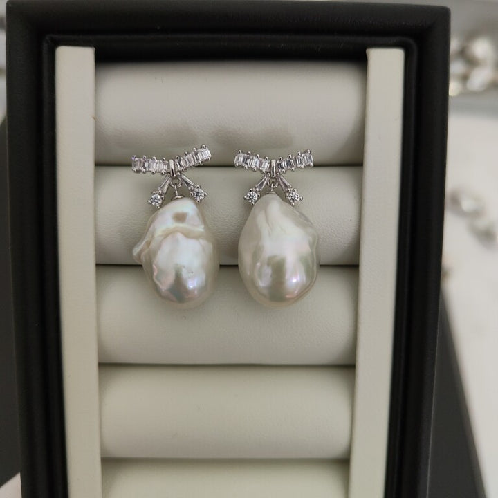 Large Baroque Pearl Ribbon Earrings Handmade Freshwater Pearl Jewelry for Bridal