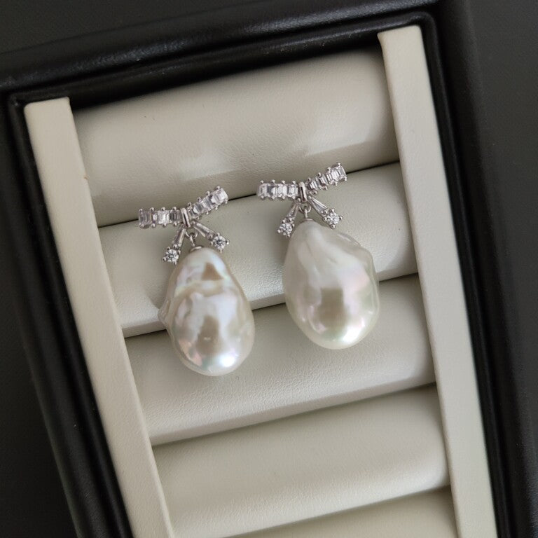 Large Baroque Pearl Ribbon Earrings Handmade Freshwater Pearl Jewelry for Bridal
