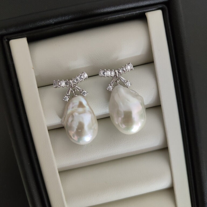 Large Baroque Pearl Ribbon Earrings Handmade Freshwater Pearl Jewelry for Bridal