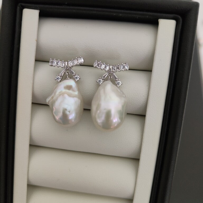 Large Baroque Pearl Ribbon Earrings Handmade Freshwater Pearl Jewelry for Bridal