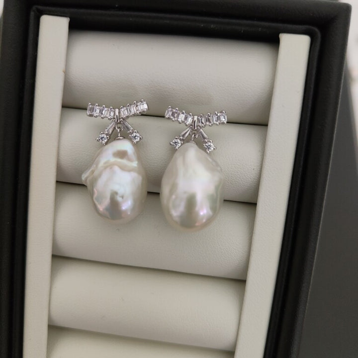 Large Baroque Pearl Ribbon Earrings Handmade Freshwater Pearl Jewelry for Bridal