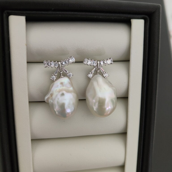 Large Baroque Pearl Ribbon Earrings Handmade Freshwater Pearl Jewelry for Bridal