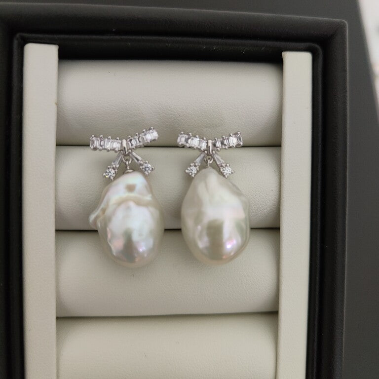 Large Baroque Pearl Ribbon Earrings Handmade Freshwater Pearl Jewelry for Bridal