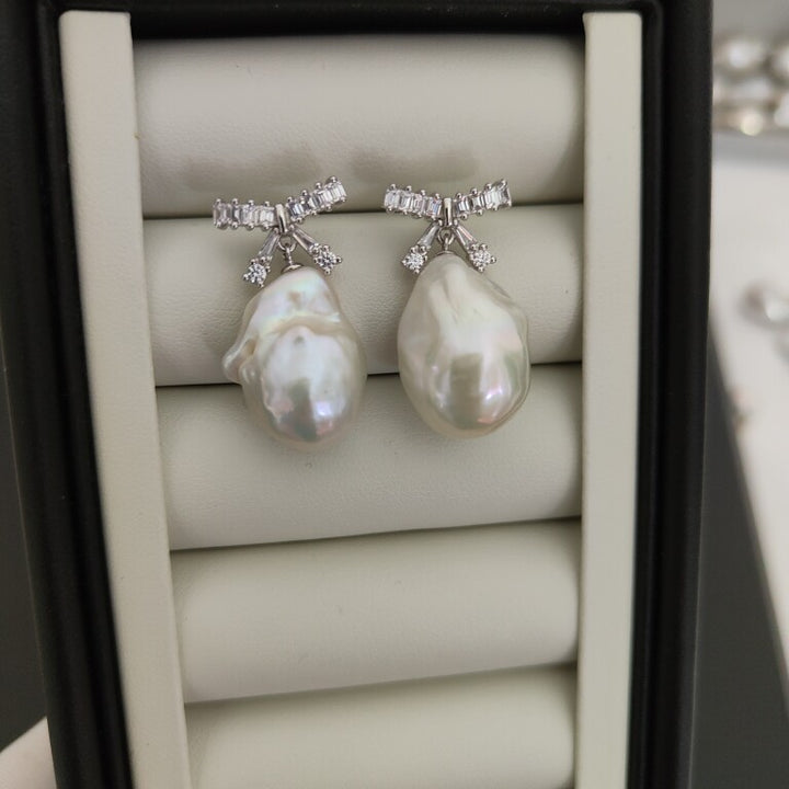 Large Baroque Pearl Ribbon Earrings Handmade Freshwater Pearl Jewelry for Bridal