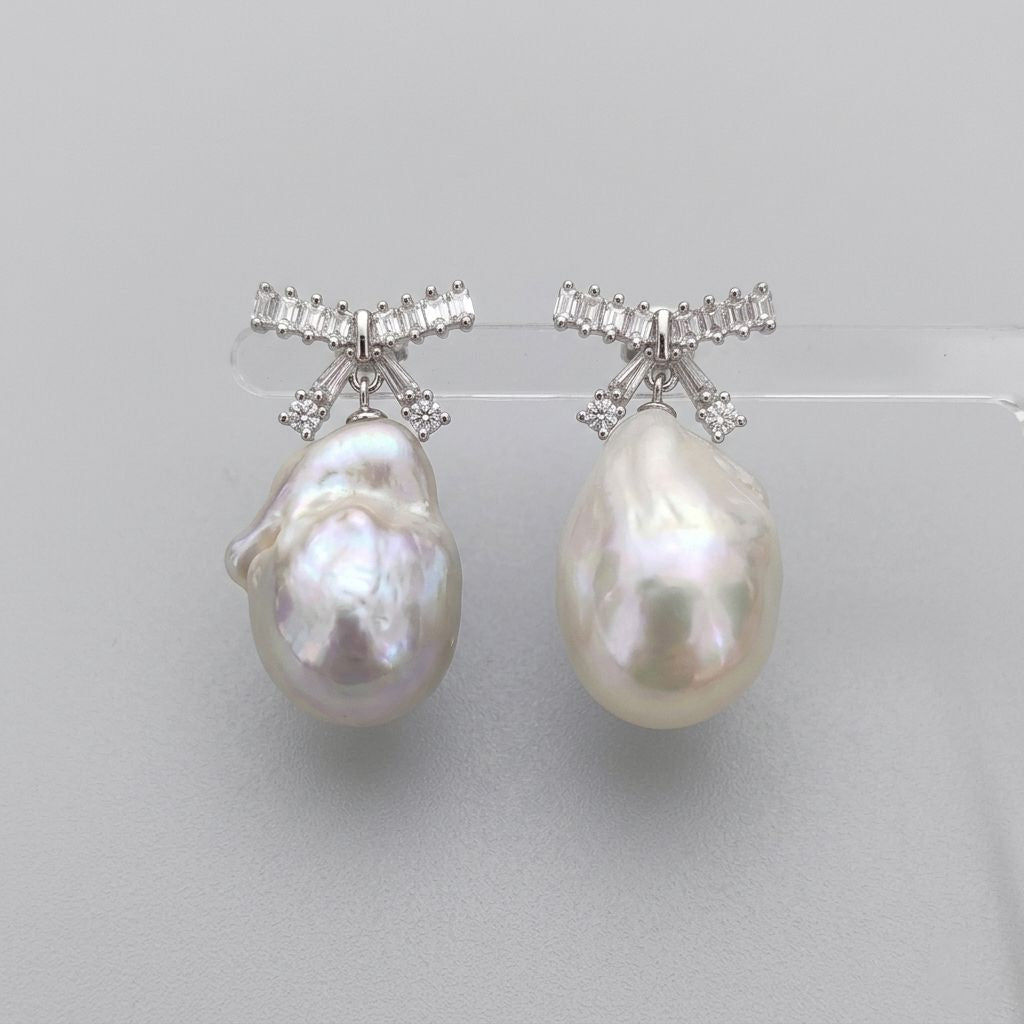 Large Baroque Pearl Ribbon Earrings Handmade Freshwater Pearl Jewelry for Bridal