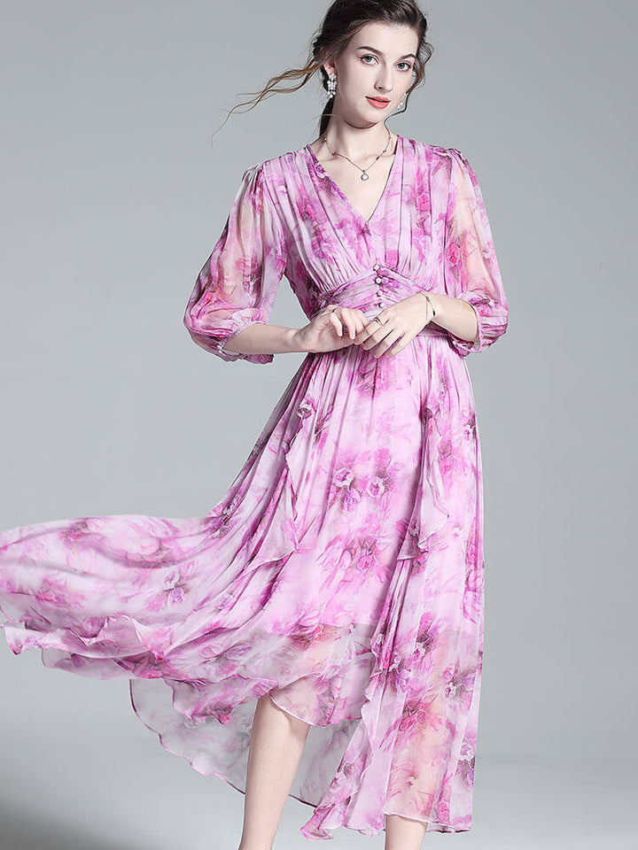 Pastel Purple V Neck Half Sleeve Floral Pure Mulberry Silk Dress SD038