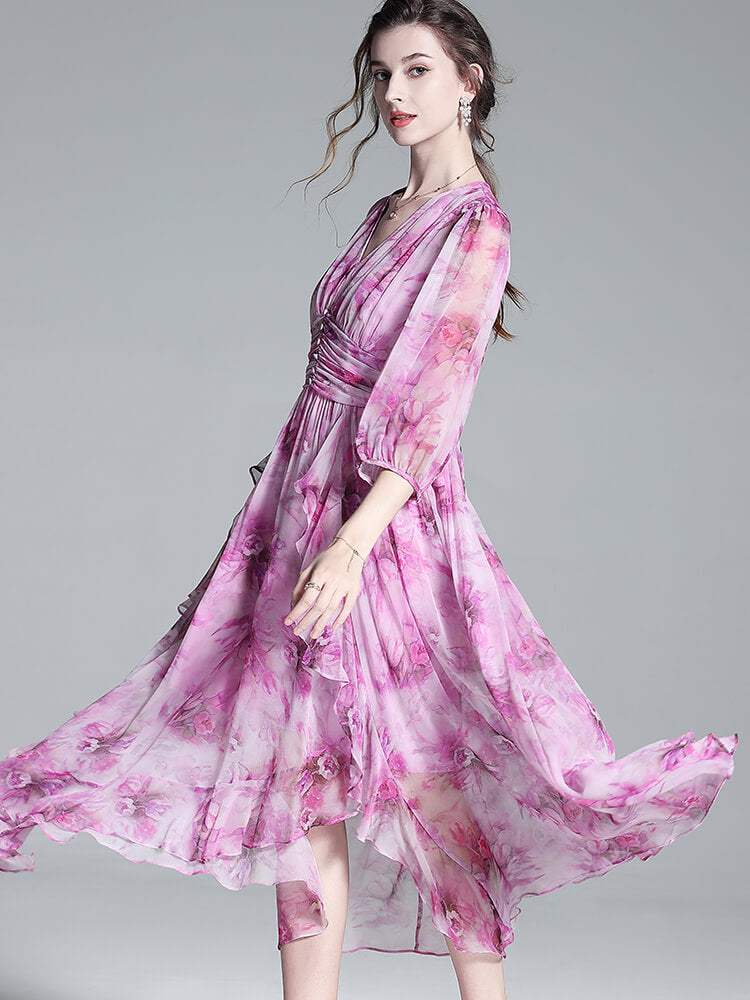 Pastel Purple V Neck Half Sleeve Floral Pure Mulberry Silk Dress SD038