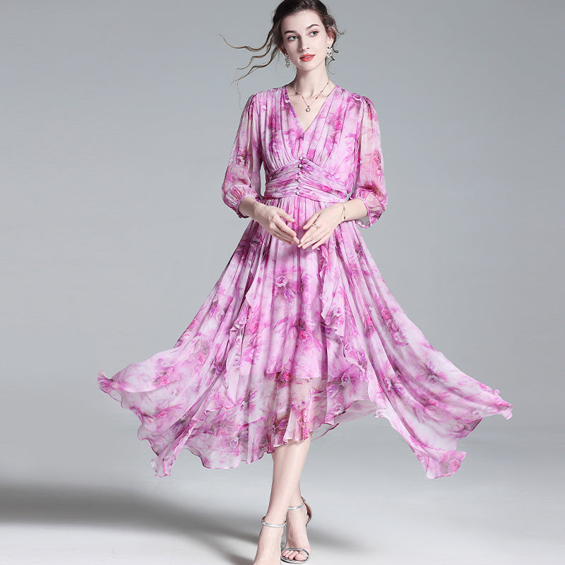 Pastel Purple V Neck Half Sleeve Floral Pure Mulberry Silk Dress SD038 –  Luxurysilkpjs