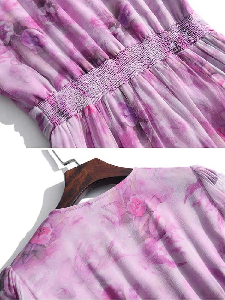 Pastel Purple V Neck Half Sleeve Floral Pure Mulberry Silk Dress SD038