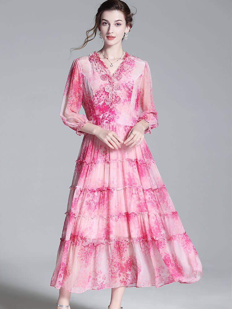 Pink Delicate Floral V Neck Tea Party Mulberry Silk Dress SD039