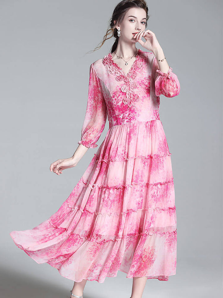 Pink Delicate Floral V Neck Tea Party Mulberry Silk Dress SD039