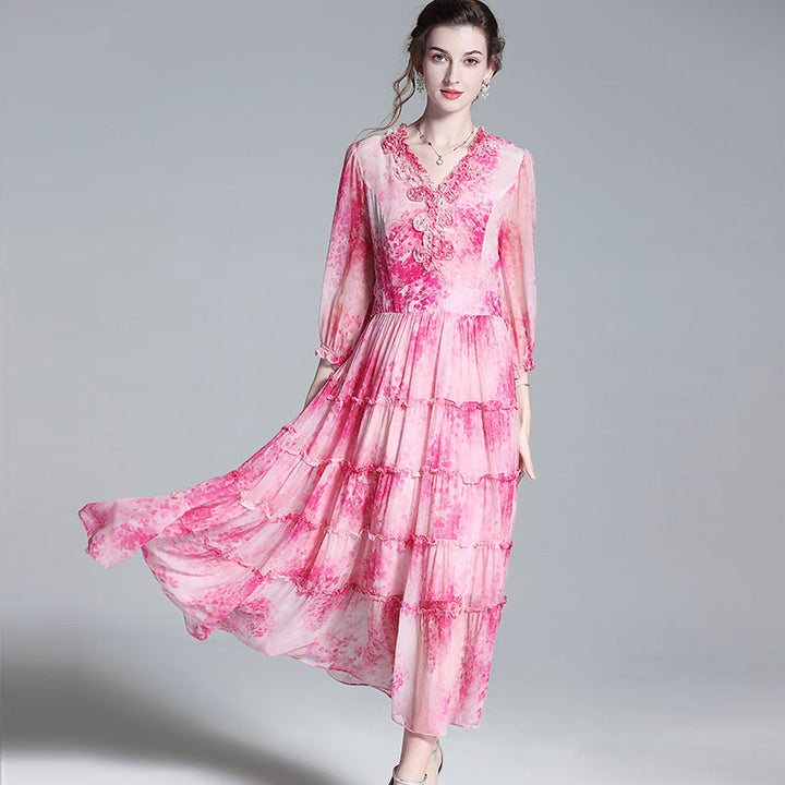 Pink Delicate Floral V Neck Tea Party Mulberry Silk Dress SD039