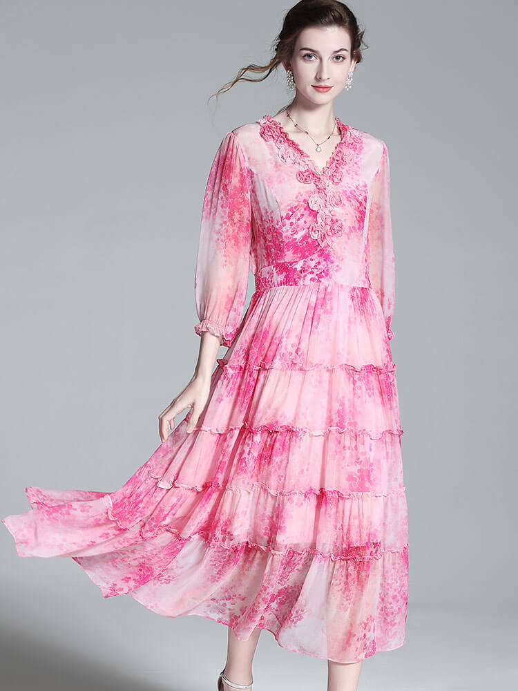 Pink Delicate Floral V Neck Tea Party Mulberry Silk Dress SD039