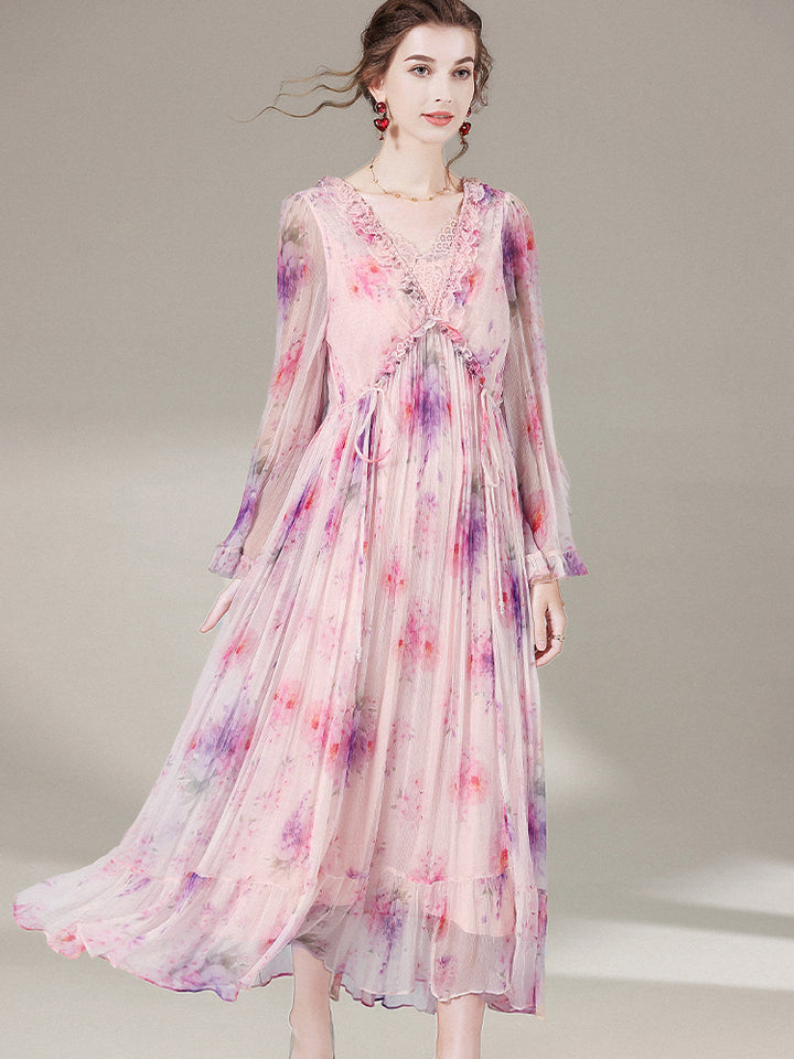 Pink Floral Long Sleeve V Neck Mulberry Silk Vacation Fairy Dress SD056