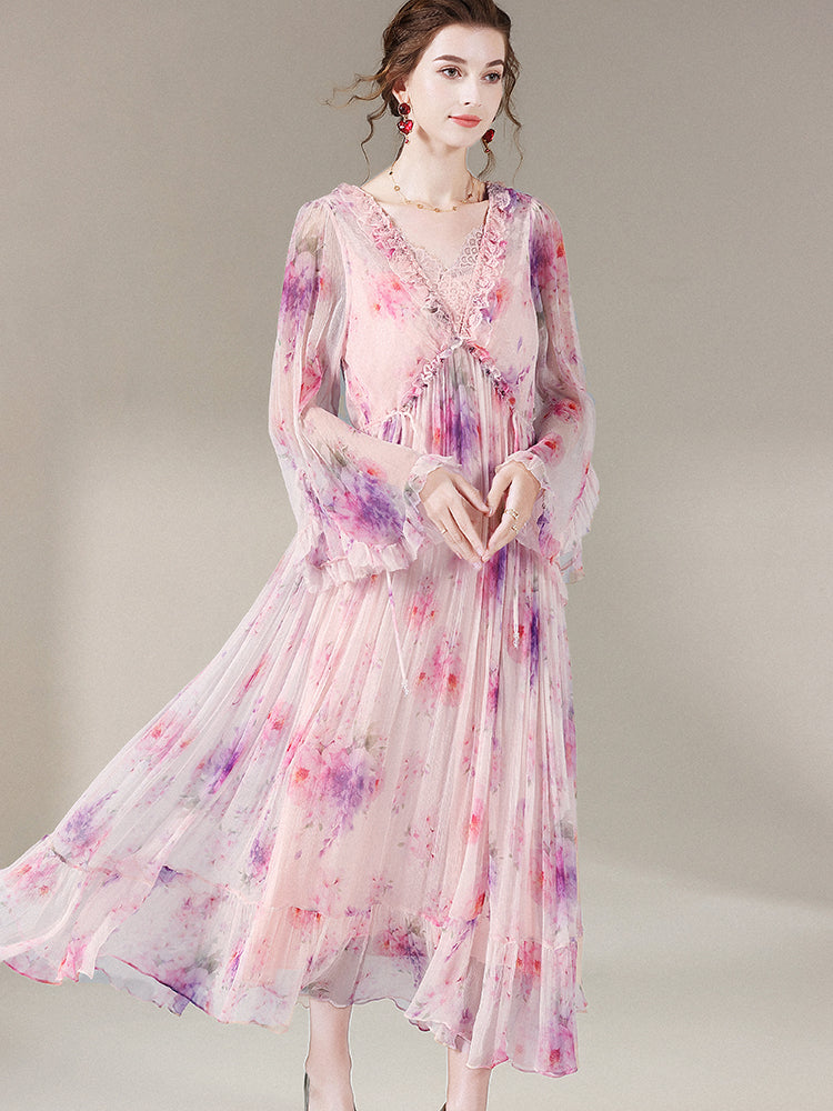 Pink Floral Long Sleeve V Neck Mulberry Silk Vacation Fairy Dress SD056