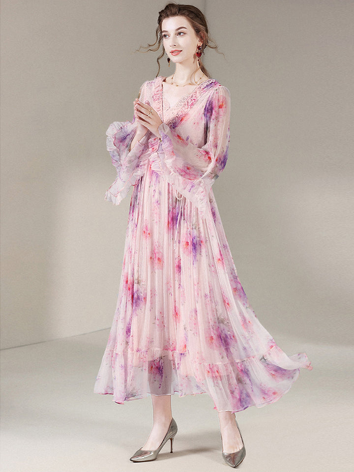 Pink Floral Long Sleeve V Neck Mulberry Silk Vacation Fairy Dress SD056