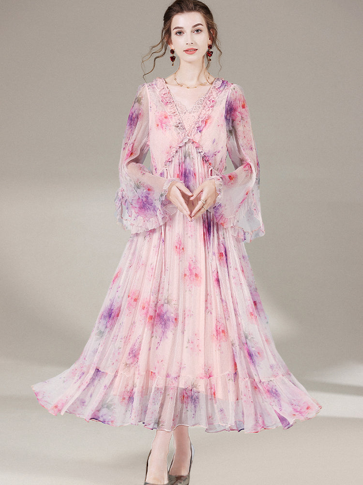 Pink Floral Long Sleeve V Neck Mulberry Silk Vacation Fairy Dress SD056