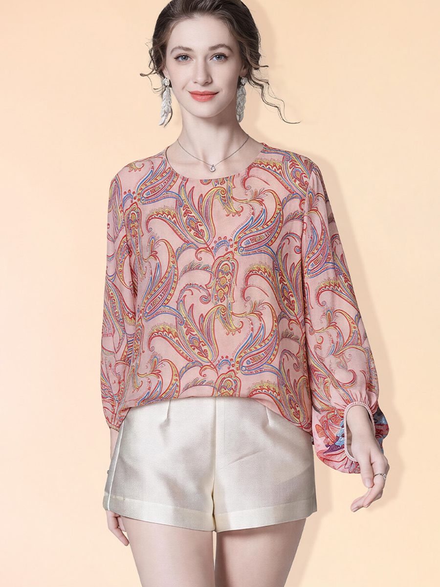 Pink Floral Paisley Printed Long Lattern Sleeve Round Neck Silk Blouse Chiffon Top